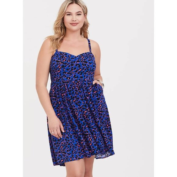 TORRID Blue Leopard Challis Hi-Lo Skater Dress Size 0 Large Trapeze Skater EUC - Picture 1 of 12